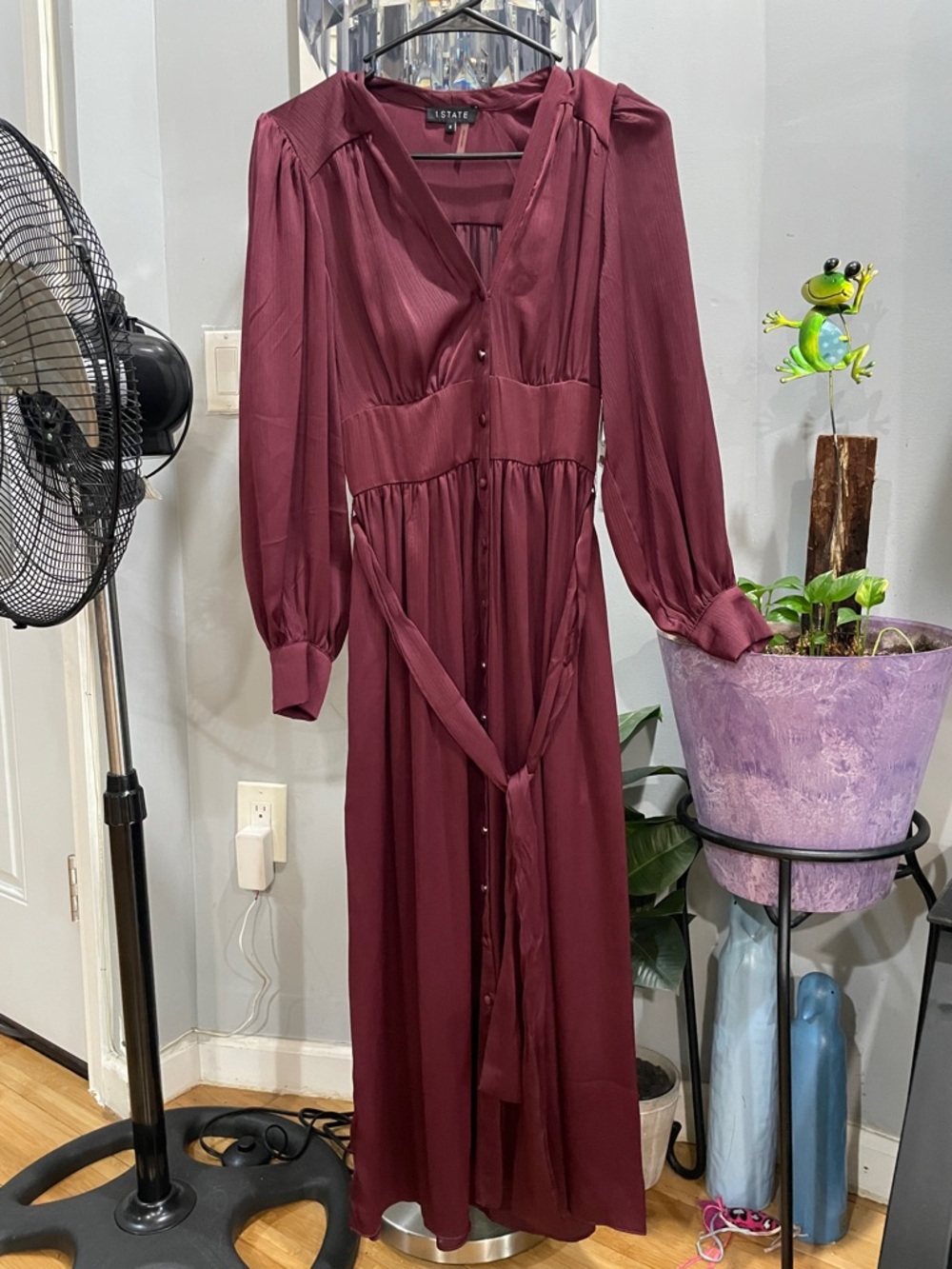 1. State Burgundy Long Sleeve Button-Front Maxi Dress